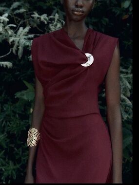 ZARA NEW NWT❕MIDI DRESS W/ GOLD APPLIQUÉ SIZE MED COLOR RASPBERRY REF :5029/169